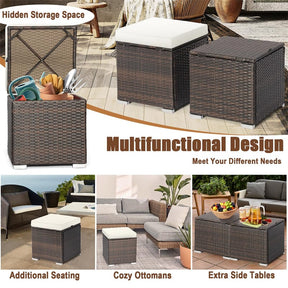 2PCS Wicker Outdoor Storage Ottomans with Removable Cushions, Multipurpose PE Rattan Footrest Side Table Seating for Patio Poolside Backyard