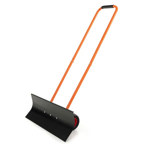 30" Wheeled Snow Shovel Pusher with Metal Frame, Heavy-Duty Adjustable Height Snow Plow for Efficient Snow Clearing, Ergonomic Design for Driveways and Gardens, Black & Orange