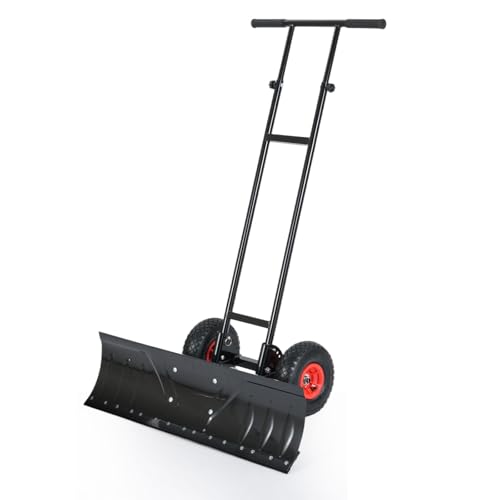 36" Snow Shovel Pusher, Snow Shovel w/10" Inflatable Wheels, Adjustable Handle & Head, Anti-Slip Strip, Angle-Adjustable Blade, Wheeled Snow Plow for Doorway, Sidewalk, Deck Snow Removal, Black