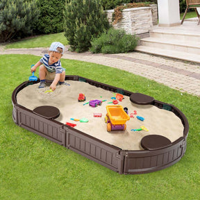 6FT Oval Outdoor Sandbox with Cover, Built-in Corner Seat & Bottom Liner, All Weather Kids Sand Play Station for Backyard Beach