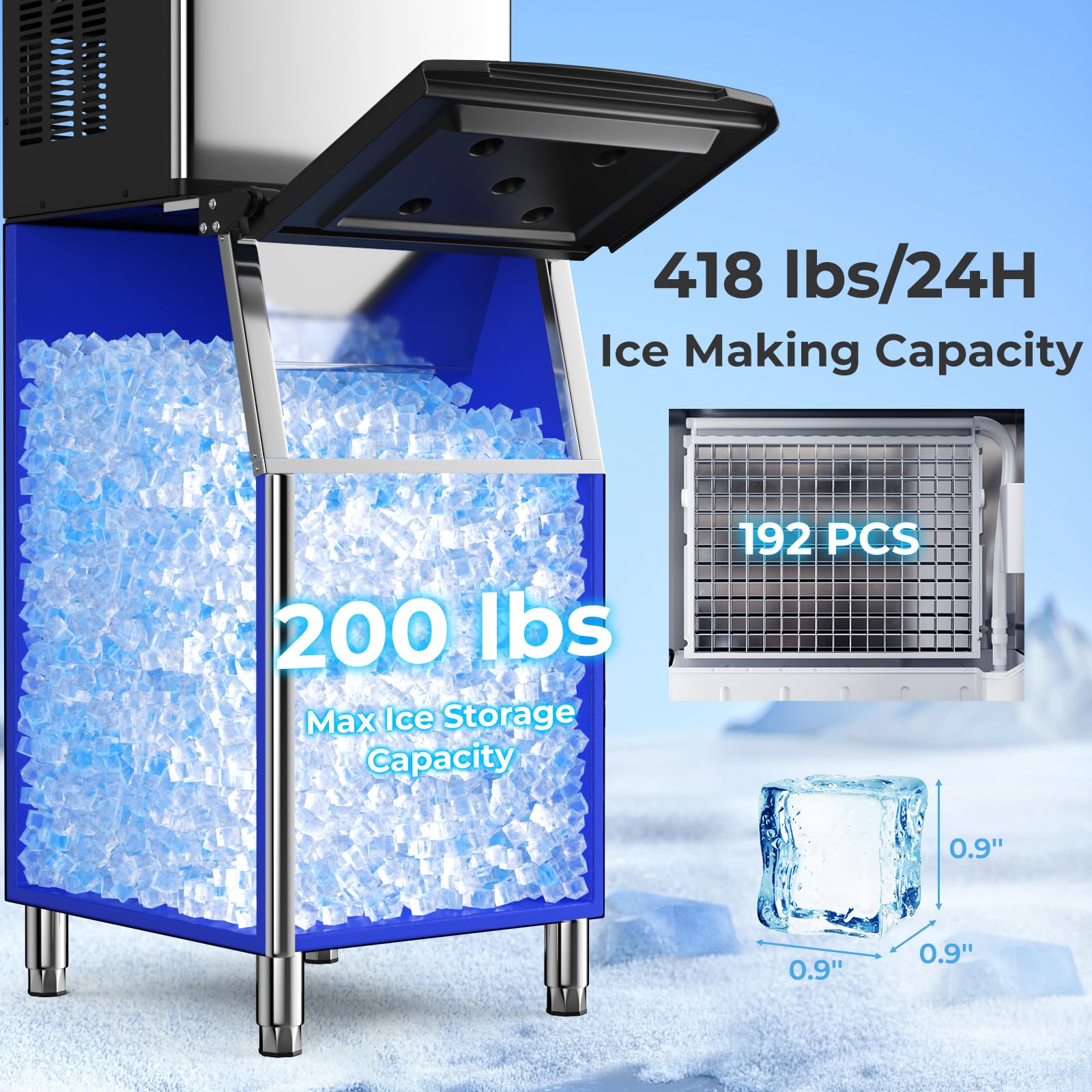 418 LBS/24H Commercial Ice Maker Machine with 200 LBS Storage Bin, 192PCS Ice Cubes in 11-20 Mins, ETL Approved Industrial Ice Machine