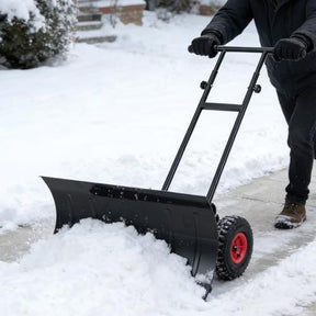 29" Wide Ergonomic Snow Shovel for Driveway with Wheels, Black
