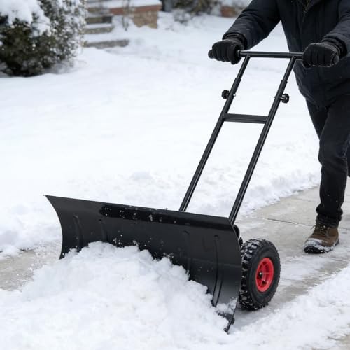 29" Wide Ergonomic Snow Shovel for Driveway with Wheels, Black