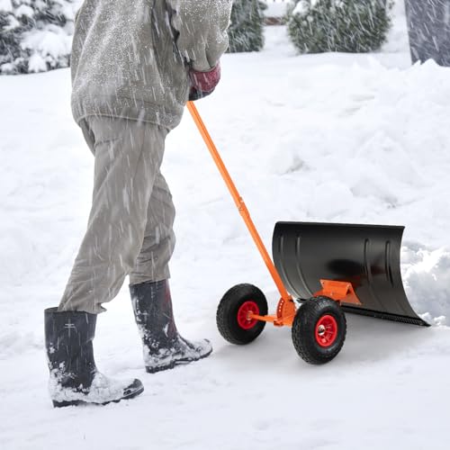 Efficient Snow Shovel with Wheels, 29" Snow Shovel with Detachable Cleaning Strip, Adjustable Handle & Large Wheels for Enhanced Maneuverability , Light Weighted Hand Push Snow Plow for Sidewalk, Driveway