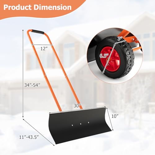 30" Wheeled Snow Shovel Pusher with Metal Frame, Heavy-Duty Adjustable Height Snow Plow for Efficient Snow Clearing, Ergonomic Design for Driveways and Gardens, Black & Orange