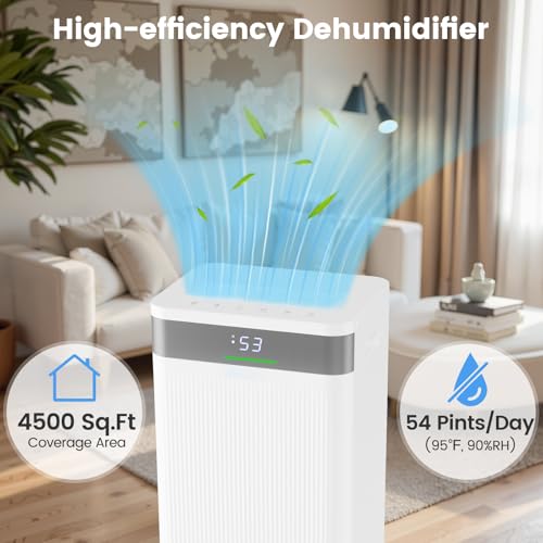 54 Pints Dehumidifier for Home, 4500 Sq.Ft Dehumidifier w/3 Modes, LED Display, 3-Color Indicator Light, 24H Timer, Child Lock, Drain Hose & Auto Defrost for Bathroom Bedroom Basement