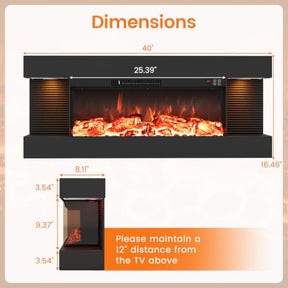 18"/26"/36"/46" 3-Sided Wall Mount Electric Fireplace w/ 32"/40"/50"/60" Floating Mantel