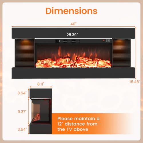 18"/26"/36"/46" 3-Sided Wall Mount Electric Fireplace w/ 32"/40"/50"/60" Floating Mantel