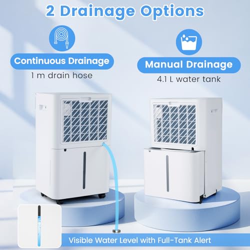 54 Pints Dehumidifier for Home, 4500 Sq.Ft Dehumidifier w/3 Modes, LED Display, 3-Color Indicator Light, 24H Timer, Child Lock, Drain Hose & Auto Defrost for Bathroom Bedroom Basement