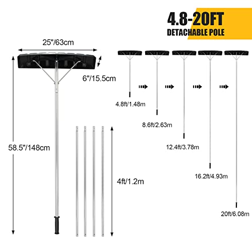 Snow Roof Rake, 4.8-20 FT Aluminum Roof Rakes for Snow Removal with 25” Blade, Extendable Pole, Anti-Slip Handle, Snow Removal Tool, Snow Rake for Leaves, Debris, Rooftop, Car Roof