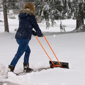 30" Wheeled Snow Shovel Pusher with Metal Frame, Heavy-Duty Adjustable Height Snow Plow for Efficient Snow Clearing, Ergonomic Design for Driveways and Gardens, Black & Orange