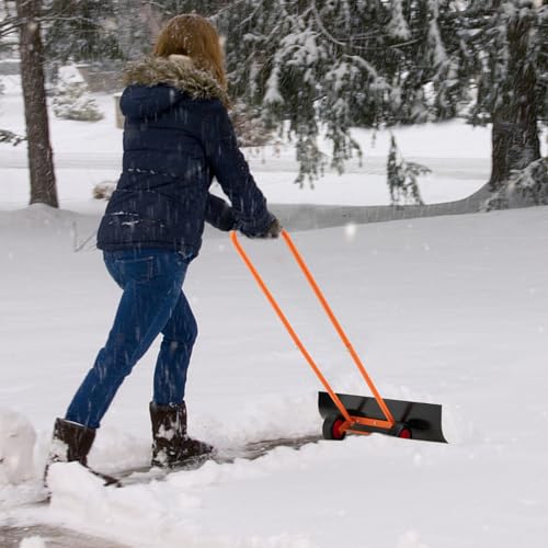 30" Wheeled Snow Shovel Pusher with Metal Frame, Heavy-Duty Adjustable Height Snow Plow for Efficient Snow Clearing, Ergonomic Design for Driveways and Gardens, Black & Orange
