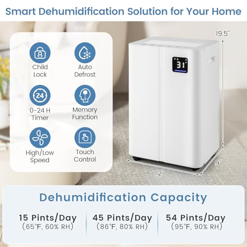 4500 Sq.Ft Dehumidifier for Basement, 54 Pints Dehumidifier with 4L Water Tank, 3 Modes, Timer, Wheels, Memory, Child Lock, Auto Defrost, LED Display & 3-Color Indicator for Home, Bedroom, Bathroom