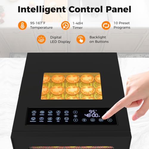 Dehydrator Machine with 10 Stainless Steel Racks, Dryer w/10 Preset Modes, 48-Hour Timer & 30-75℃ Adjustable Temperature, Food Dehydrator for Jerky, Vegetables, Fruits