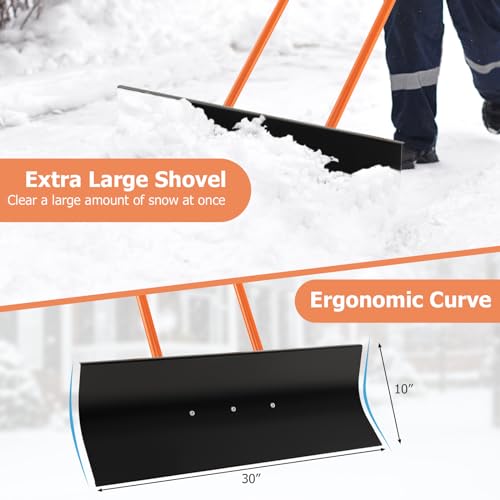 30" Wheeled Snow Shovel Pusher with Metal Frame, Heavy-Duty Adjustable Height Snow Plow for Efficient Snow Clearing, Ergonomic Design for Driveways and Gardens, Black & Orange