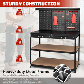 48" x 24" Metal Tool Workbench with Pegboard, 965LBS Capacity Heavy Duty Work Table with Drawers, 25 Hanging Accessories