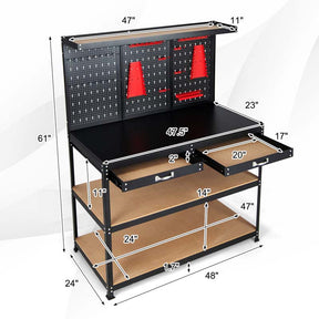 48" x 24" Metal Tool Workbench with Pegboard, 965LBS Capacity Heavy Duty Work Table with Drawers, 25 Hanging Accessories