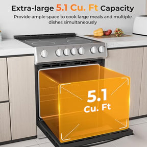 Electric Range, 30 Inch Freestanding & Slide-in Kitchen Stove with 4 Burners Ceramic Cooktop, 5.1 Cu.Ft. Capacity, Stainless Steel Convection Oven with 3 Cooking Modes and 10-120 Mins Timer