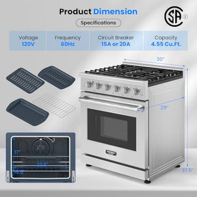 30 Inches Natural Gas Range, 120V Freestanding Gas Range with 5 Burners Cooktop & 4.55 Cu.Ft. Convection Oven, Storage Drawer, Dual Fuels Range with Cast Iron Grates & Enamel Interior, Stainless Steel