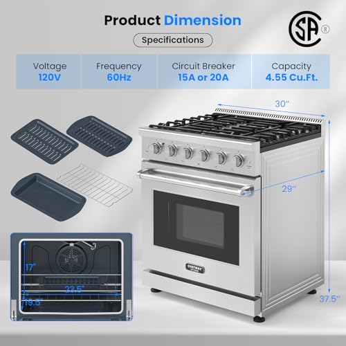 30 Inches Natural Gas Range, 120V Freestanding Gas Range with 5 Burners Cooktop & 4.55 Cu.Ft. Convection Oven, Storage Drawer, Dual Fuels Range with Cast Iron Grates & Enamel Interior, Stainless Steel