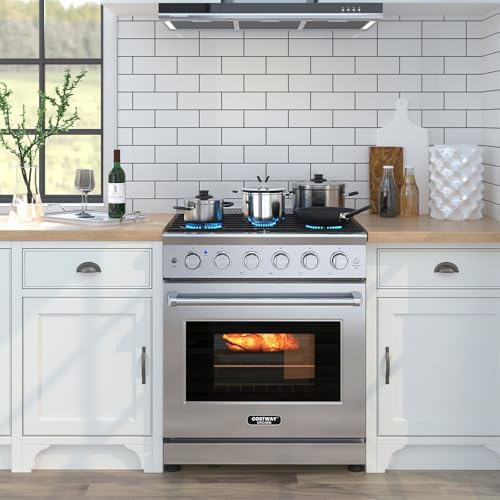 30 Inches Natural Gas Range, 120V Freestanding Gas Range with 5 Burners Cooktop & 4.55 Cu.Ft. Convection Oven, Storage Drawer, Dual Fuels Range with Cast Iron Grates & Enamel Interior, Stainless Steel