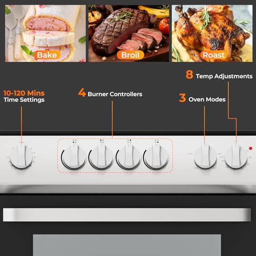 Electric Range, 30 Inch Freestanding & Slide-in Kitchen Stove with 4 Burners Ceramic Cooktop, 5.1 Cu.Ft. Capacity, Stainless Steel Convection Oven with 3 Cooking Modes and 10-120 Mins Timer