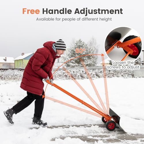 30" Wheeled Snow Shovel Pusher with Metal Frame, Heavy-Duty Adjustable Height Snow Plow for Efficient Snow Clearing, Ergonomic Design for Driveways and Gardens, Black & Orange