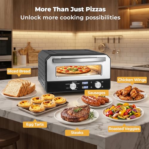 Indoor Electric Pizza Oven, Countertop Pizza Oven for 12" Pizzas w/6 Presets & 2-Min Rapid Baking Heats up to 750, Pizza Maker Machine w/Pizza Stone & Cutter Wheel for Home Kitchen