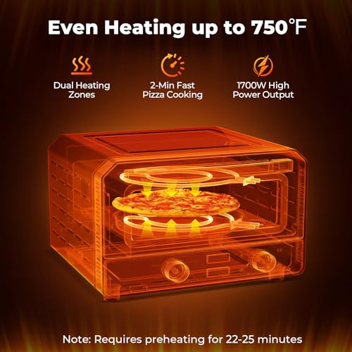 Indoor Electric Pizza Oven, Countertop Pizza Oven for 12" Pizzas w/6 Presets & 2-Min Rapid Baking Heats up to 750, Pizza Maker Machine w/Pizza Stone & Cutter Wheel for Home Kitchen