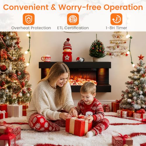 18"/26"/36"/46" 3-Sided Wall Mount Electric Fireplace w/ 32"/40"/50"/60" Floating Mantel