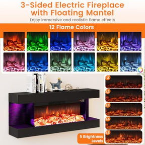 18"/26"/36"/46" 3-Sided Wall Mount Electric Fireplace w/ 32"/40"/50"/60" Floating Mantel