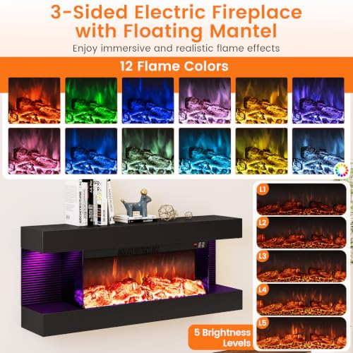 18"/26"/36"/46" 3-Sided Wall Mount Electric Fireplace w/ 32"/40"/50"/60" Floating Mantel