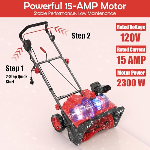 20" Corded Snow Blower, Electric Walk-Behind Snow Blower with 30 FT Throwing Distance and Dual LED Lights for Driveway Walking Path Yards, 120V, 2300W, 15 Amp, 3000 RPM Motor