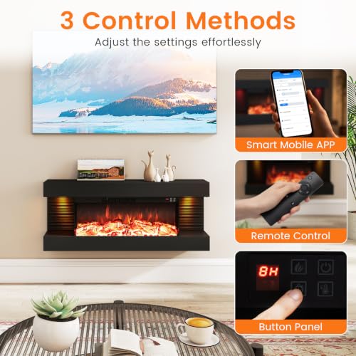 18"/26"/36"/46" 3-Sided Wall Mount Electric Fireplace w/ 32"/40"/50"/60" Floating Mantel