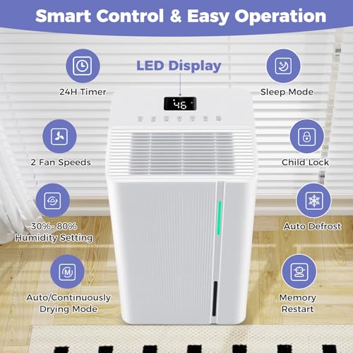 74 Pints Dehumidifier for Home, 4500 Sq. Ft Dehumidifier w/3 Modes, 24H Timer, 3-Color Indicator, Child Lock & Drain Hose, Energy Efficient Dehumidifier for Bathroom, Bedroom, Basement