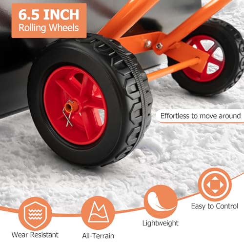 30" Wheeled Snow Shovel Pusher with Metal Frame, Heavy-Duty Adjustable Height Snow Plow for Efficient Snow Clearing, Ergonomic Design for Driveways and Gardens, Black & Orange