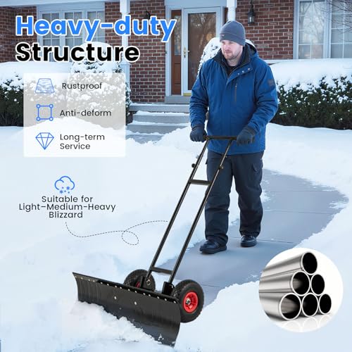 36" Snow Shovel Pusher, Snow Shovel w/10" Inflatable Wheels, Adjustable Handle & Head, Anti-Slip Strip, Angle-Adjustable Blade, Wheeled Snow Plow for Doorway, Sidewalk, Deck Snow Removal, Black