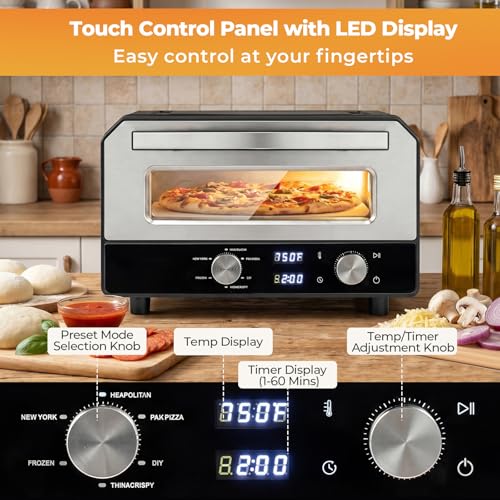 Indoor Electric Pizza Oven, Countertop Pizza Oven for 12" Pizzas w/6 Presets & 2-Min Rapid Baking Heats up to 750, Pizza Maker Machine w/Pizza Stone & Cutter Wheel for Home Kitchen