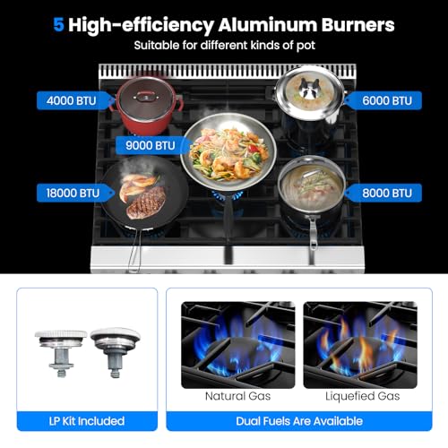 30 Inches Natural Gas Range, 120V Freestanding Gas Range with 5 Burners Cooktop & 4.55 Cu.Ft. Convection Oven, Storage Drawer, Dual Fuels Range with Cast Iron Grates & Enamel Interior, Stainless Steel