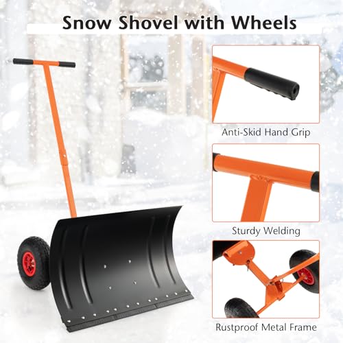 Efficient Snow Shovel with Wheels, 29" Snow Shovel with Detachable Cleaning Strip, Adjustable Handle & Large Wheels for Enhanced Maneuverability , Light Weighted Hand Push Snow Plow for Sidewalk, Driveway