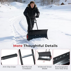 29" Wide Ergonomic Snow Shovel for Driveway with Wheels, Black