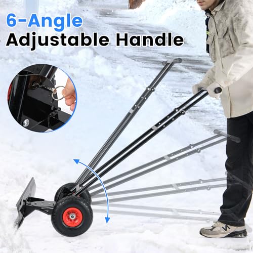 36" Snow Shovel Pusher, Snow Shovel w/10" Inflatable Wheels, Adjustable Handle & Head, Anti-Slip Strip, Angle-Adjustable Blade, Wheeled Snow Plow for Doorway, Sidewalk, Deck Snow Removal, Black