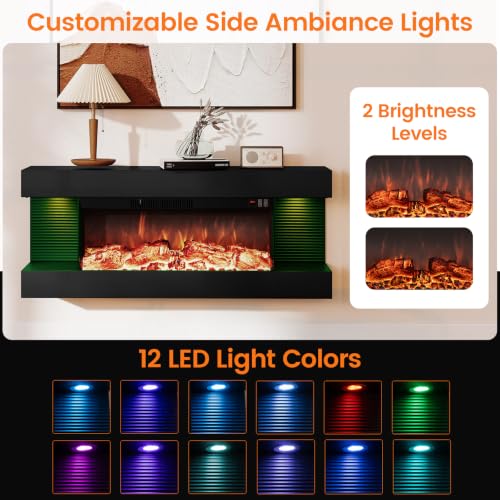 18"/26"/36"/46" 3-Sided Wall Mount Electric Fireplace w/ 32"/40"/50"/60" Floating Mantel