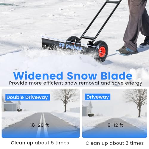 36" Snow Shovel Pusher, Snow Shovel w/10" Inflatable Wheels, Adjustable Handle & Head, Anti-Slip Strip, Angle-Adjustable Blade, Wheeled Snow Plow for Doorway, Sidewalk, Deck Snow Removal, Black