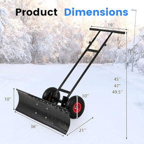 36" Snow Shovel Pusher, Snow Shovel w/10" Inflatable Wheels, Adjustable Handle & Head, Anti-Slip Strip, Angle-Adjustable Blade, Wheeled Snow Plow for Doorway, Sidewalk, Deck Snow Removal, Black