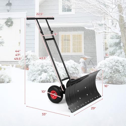 29" Wide Ergonomic Snow Shovel for Driveway with Wheels, Black