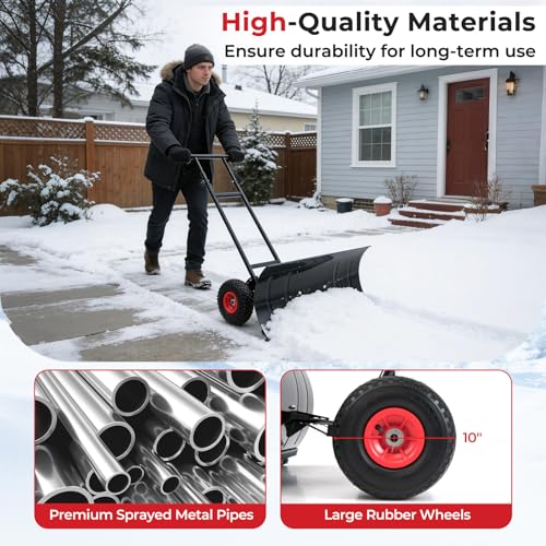 29" Wide Ergonomic Snow Shovel for Driveway with Wheels, Black