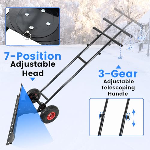 36" Snow Shovel Pusher, Snow Shovel w/10" Inflatable Wheels, Adjustable Handle & Head, Anti-Slip Strip, Angle-Adjustable Blade, Wheeled Snow Plow for Doorway, Sidewalk, Deck Snow Removal, Black