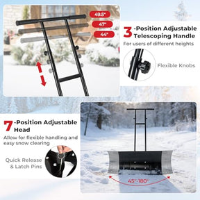 29" Wide Ergonomic Snow Shovel for Driveway with Wheels, Black