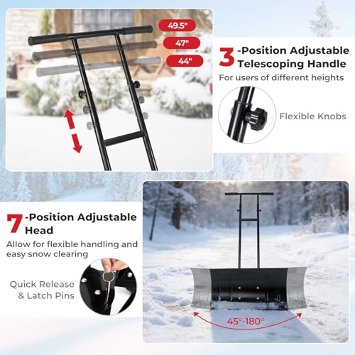 29" Wide Ergonomic Snow Shovel for Driveway with Wheels, Black